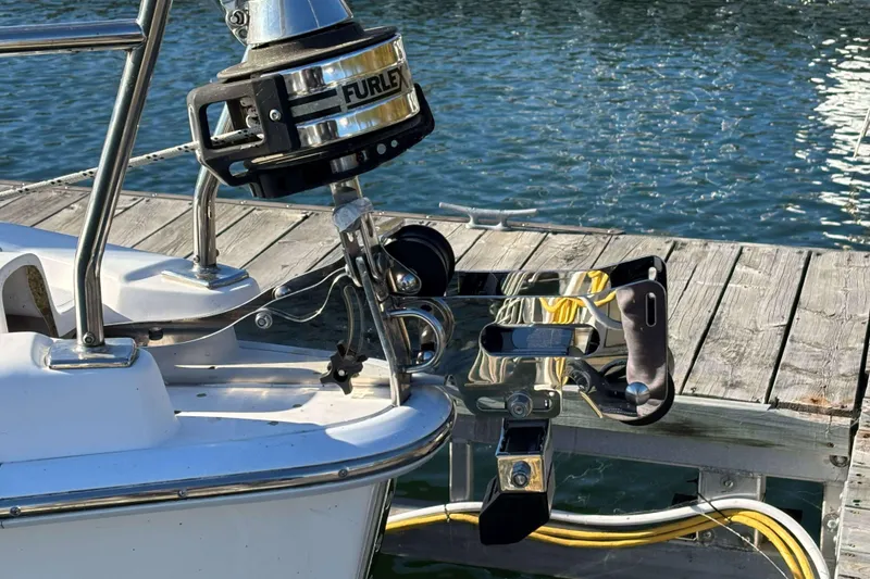 Slide: The Image of Sailboat bow with Furlex system, docked at marina. Hunter 39, 2011 model. - 67