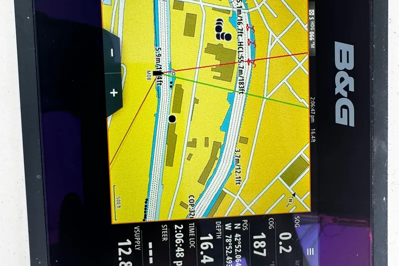 Slide: The Image of B&G navigation display on 2020 Beneteau Oceanis 30.1 sailboat, showing map and data. - 22