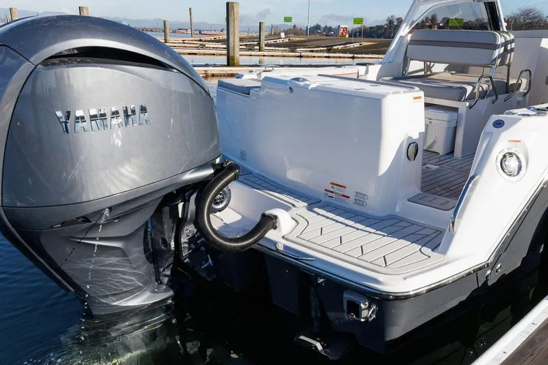 Slide: The Image of Manufacturer Provided Image: 2025 Solara S-250 DC boat with Yamaha outboard motor, docked on calm water. - 11