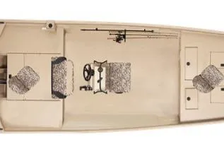 Slide: The Image of 2026 Lowe Roughneck RX2070 CC boat with camouflage seats on a trailer in a garage. - 2