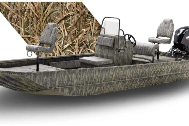 Slide: The Image of 2026 Lowe Roughneck RX2070 CC boat with camouflage design and seating, ideal for fishing and hunting. - 41