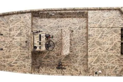 Slide: The Image of 2026 Lowe Roughneck 1870 CC Pathfinder Jet boat, top view, camo design, center console. - 36