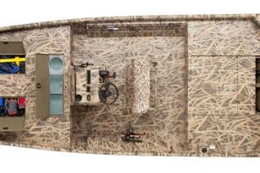 Slide: The Image of 2026 Lowe Roughneck 1870 CC Pathfinder Jet boat, top view, camo design, spacious layout. - 37