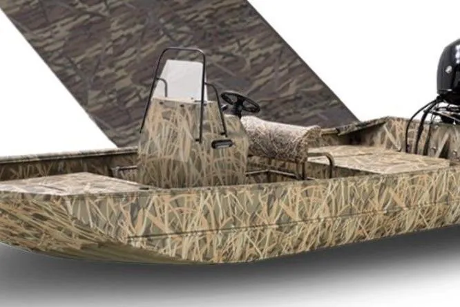 Slide: The Image of 2026 Lowe Roughneck RX1860 Pathfinder boat with camouflage design, featuring a central console and seating. - 40