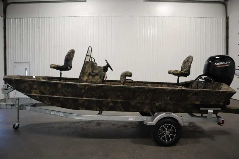 Slide: The Image of 2026 Lowe Roughneck RX1860 Pathfinder boat on trailer, camo design, Mercury outboard motor. - 7