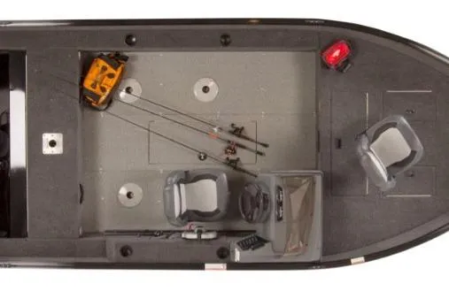 Slide: The Image of 2026 Lowe Fishing Machine 1625SC boat in a garage, front view. - 2