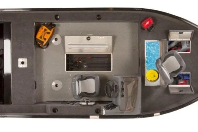 Slide: The Image of 2026 Lowe Fishing Machine 1625SC interior layout with seating and storage compartments. - 41