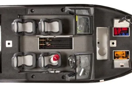 Slide: The Image of 2026 Lowe Fishing Machine 1625WT boat in a garage, side view. - 3