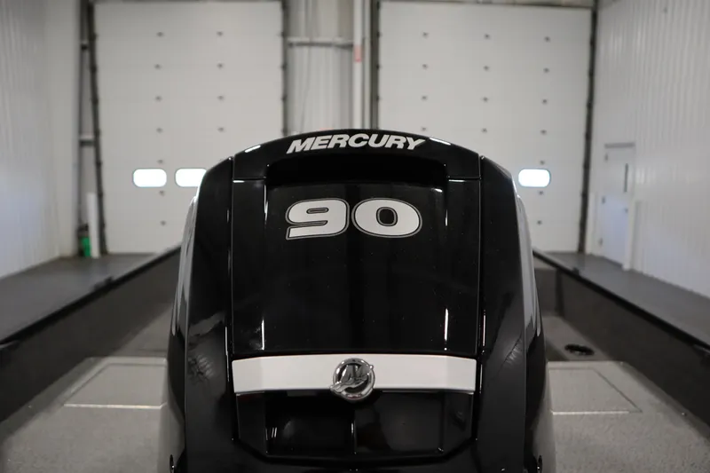 Slide: The Image of Mercury 90 outboard motor on 2026 Lowe Fishing Machine 1675SC in garage. - 39