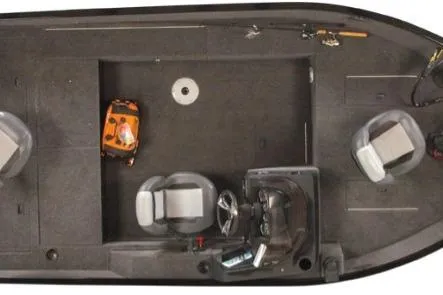 Slide: The Image of 2026 Lowe FM 1675 SC boat interior with seating and fishing gear. - 46