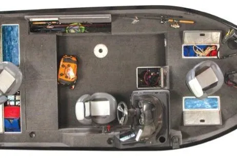 Slide: The Image of 2026 Lowe FM 1675 SC boat interior, top view showing seating and storage compartments. - 47