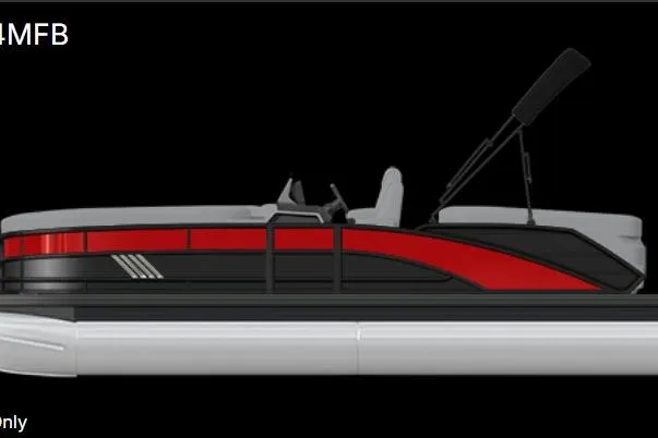 Slide: The Image of 2026 Bennington 24 MFB pontoon boat with black canopy and red accents on a trailer. - 1