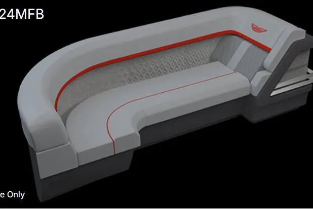 Slide: The Image of 2026 Bennington 24 MFB pontoon boat, rear view, parked outdoors. - 2