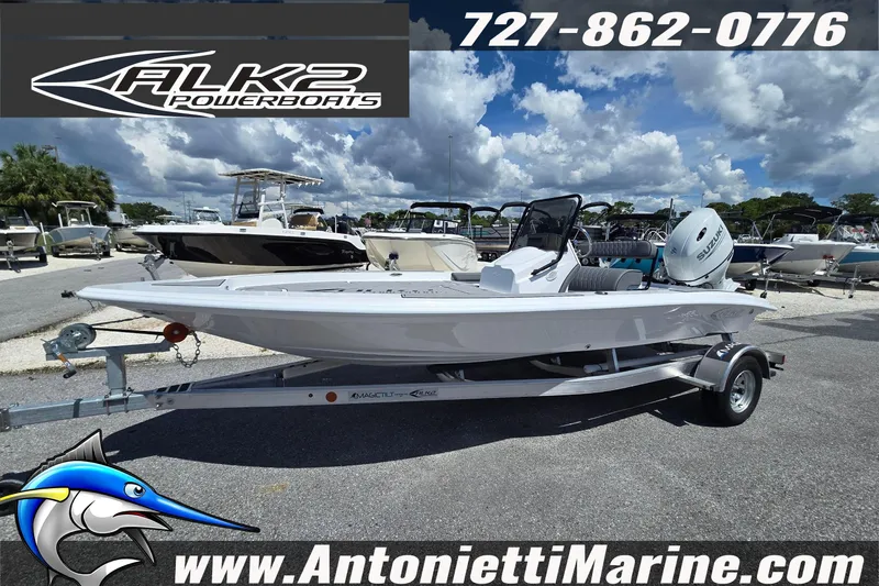 Slide: The Image of 2025 ALK2 Powerboats 22BHX Flats/Bay Hybrid on trailer at Antonietti Marine. - 1