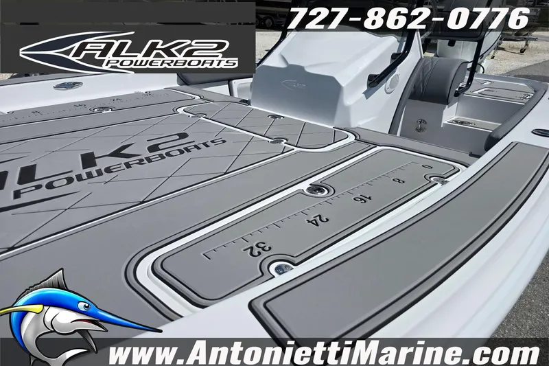 Slide: The Image of 2025 ALK2 Powerboats 22BHX FLATS/BAY HYBRID deck with logo and contact details. - 12