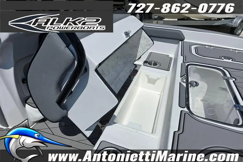 Slide: The Image of 2025 ALK2 Powerboats 22BHX FLATS/BAY HYBRID interior with storage compartments and seating. - 17