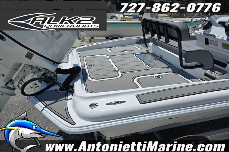 Slide: The Image of 2025 ALK2 Powerboats 22BHX Flats/Bay Hybrid with seating and storage, Antonietti Marine branding. - 4