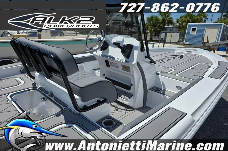 Slide: The Image of 2025 ALK2 Powerboats 22BHX FLATS/BAY HYBRID interior with seating and console, Antonietti Marine. - 5