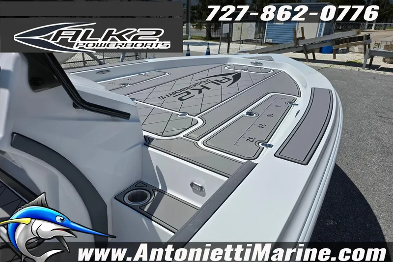 Slide: The Image of 2025 ALK2 Powerboats 22BHX Flats/Bay Hybrid deck, featuring sleek design and branding details. - 7
