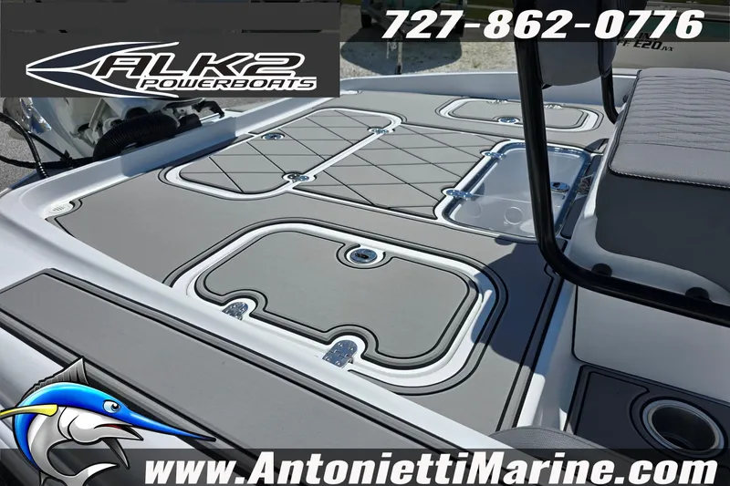 Slide: The Image of 2025 ALK2 Powerboats 22BHX FLATS/BAY HYBRID deck, featuring sleek design and storage compartments. - 9