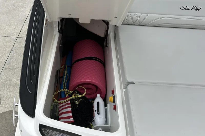Slide: The Image of Storage compartment of 2023 Sea Ray SLX 260 boat with pink mat and accessories. - 8
