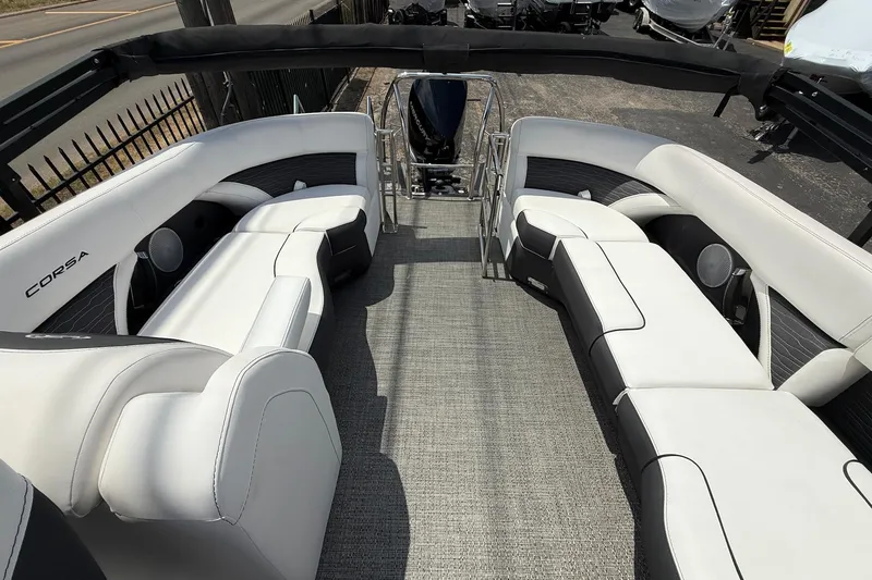 Slide: The Image of 2024 Barletta CORSA 23QSS pontoon boat with spacious seating and modern design. - 15