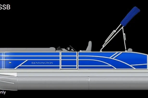 Slide: The Image of 2026 Bennington 21 SSB pontoon boat with blue exterior on a trailer. - 1