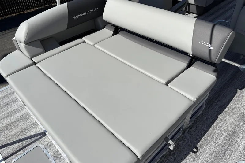 Slide: The Image of 2026 Bennington 21 SSB boat with luxurious gray seating and sleek design. - 3