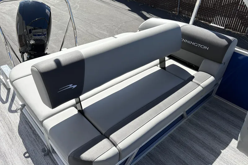Slide: The Image of 2026 Bennington 21 SSB boat with sleek gray seating and modern design. - 5