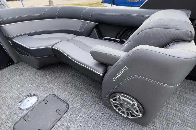 Slide: The Image of Luxurious seating in 2026 Viaggio D28UW A-T boat with sleek gray upholstery. - 17