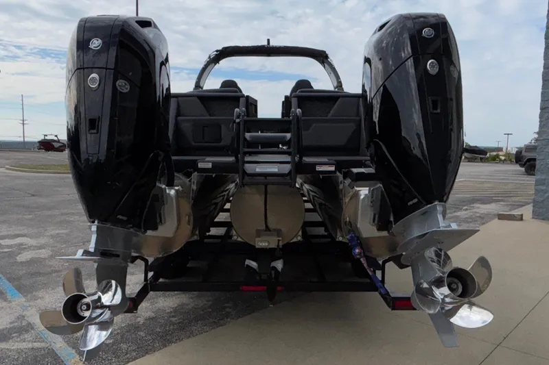 Slide: The Image of Rear view of 2026 Viaggio D28UW A-T boat with dual outboard motors. - 2