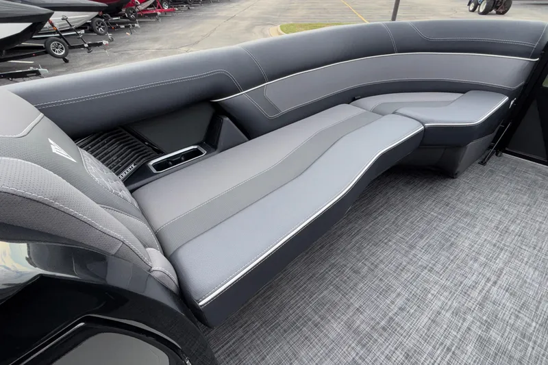 Slide: The Image of Luxurious seating in 2026 Viaggio D28UW A-T boat, featuring sleek gray upholstery. - 27