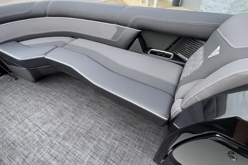 Slide: The Image of Luxurious seating in 2026 Viaggio D28UW A-T boat, featuring sleek gray upholstery. - 28
