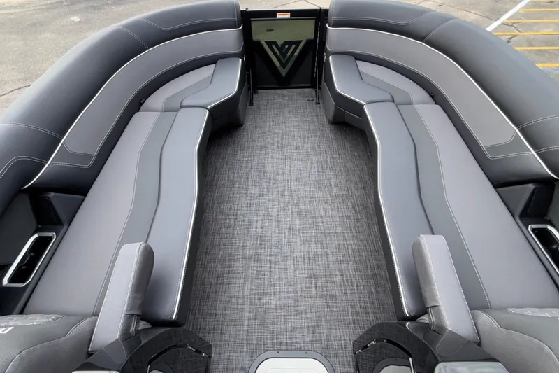 Slide: The Image of Luxurious interior of 2026 Viaggio D28UW A-T pontoon boat with sleek gray seating. - 29