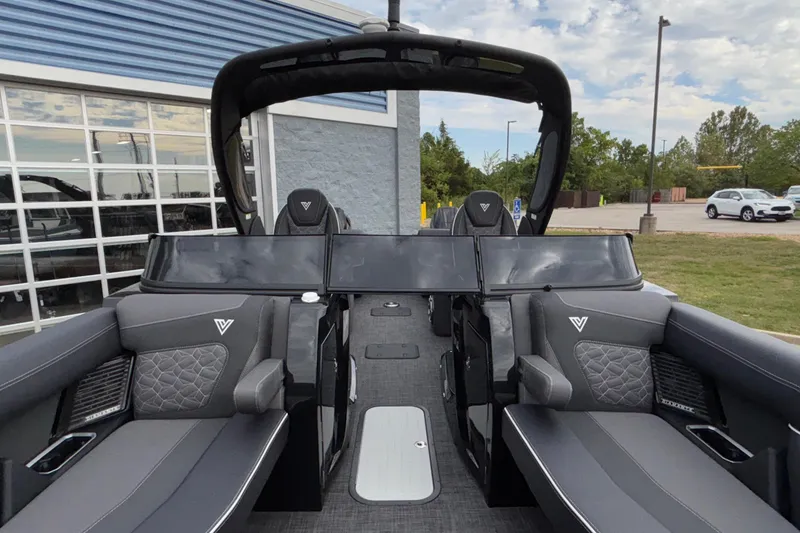 Slide: The Image of 2026 Viaggio D28UW A-T boat interior with sleek gray seating and modern design. - 33