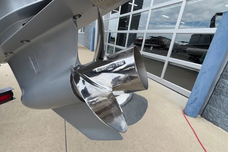 Slide: The Image of Close-up of a Mercury boat propeller on a Viaggio D28UW A-T, 2026 model. - 46