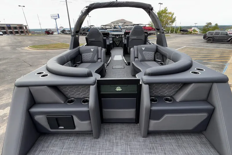 Slide: The Image of Luxurious 2026 Viaggio D28UW A-T pontoon boat with plush seating and modern design. - 7