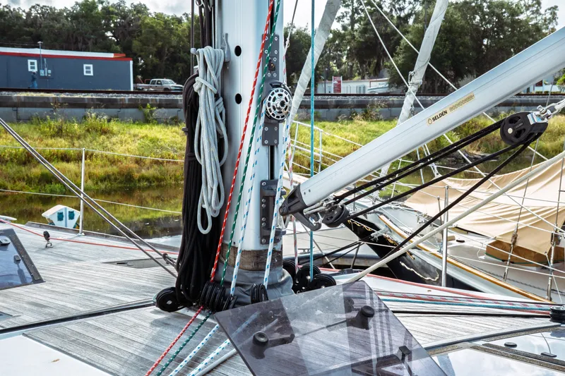 Slide: The Image of 2016 Beneteau Oceanis 60 sailboat deck with rigging and mast details. - 37