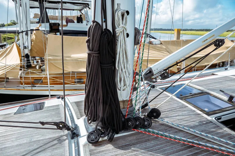 Slide: The Image of Deck of 2016 Beneteau Oceanis 60 sailboat with ropes and rigging details. - 39