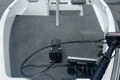 Slide: The Image of 1996 Javelin 369SE boat interior with carpeted deck and mounted equipment. - 7