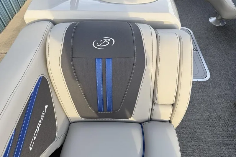 Slide: The Image of 2025 Barletta 23UC boat seat with gray and blue accents, featuring "Corsa" branding. - 10