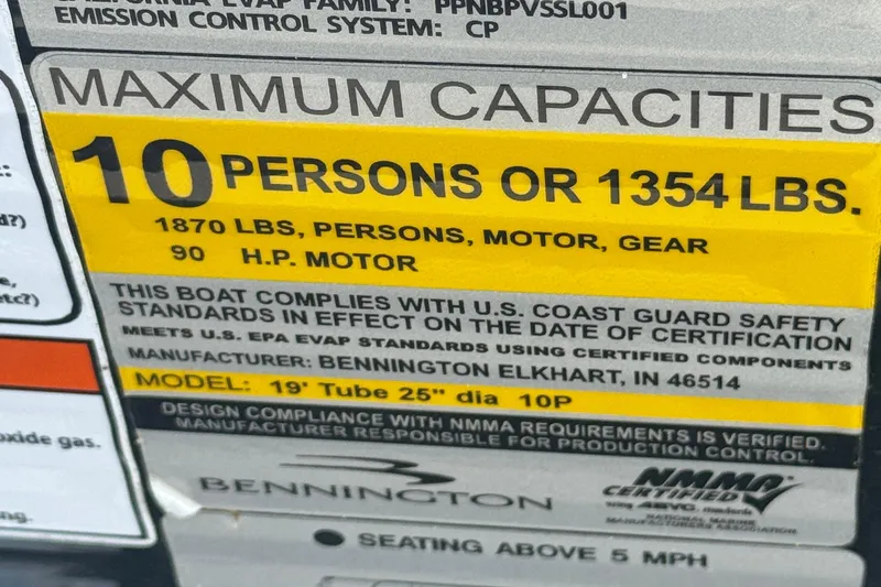 Slide: The Image of 2023 Bennington 20 SL boat capacity label, 10 persons or 1354 lbs, 90 HP motor. - 26