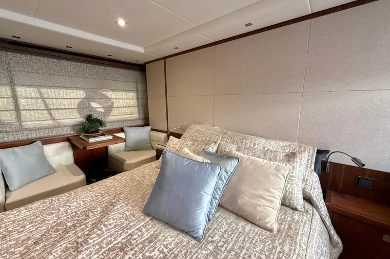 Slide: The Image of Luxurious bedroom interior of 2016 Sunseeker Predator 57 yacht with elegant decor. - 59