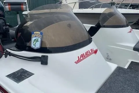 Slide: The Image of 2000 Javelin 20 Renegade boat with dual windshields and fishing decal. - 16