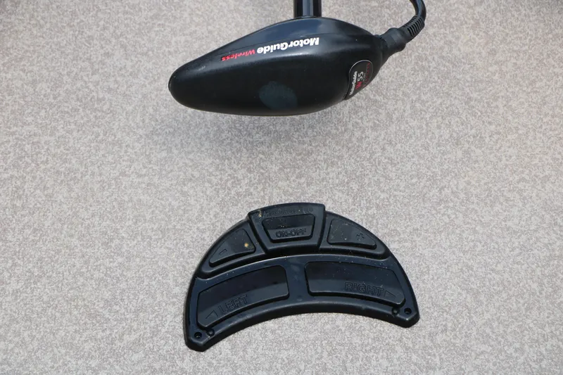 Slide: The Image of 2017 Sun Tracker Fishing Barge 20 DLX trolling motor and foot pedal controls. - 31