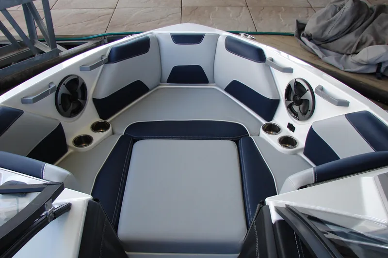 Slide: The Image of Interior of 2021 Malibu Wakesetter 22 LSV boat with sleek seating and speakers. - 32