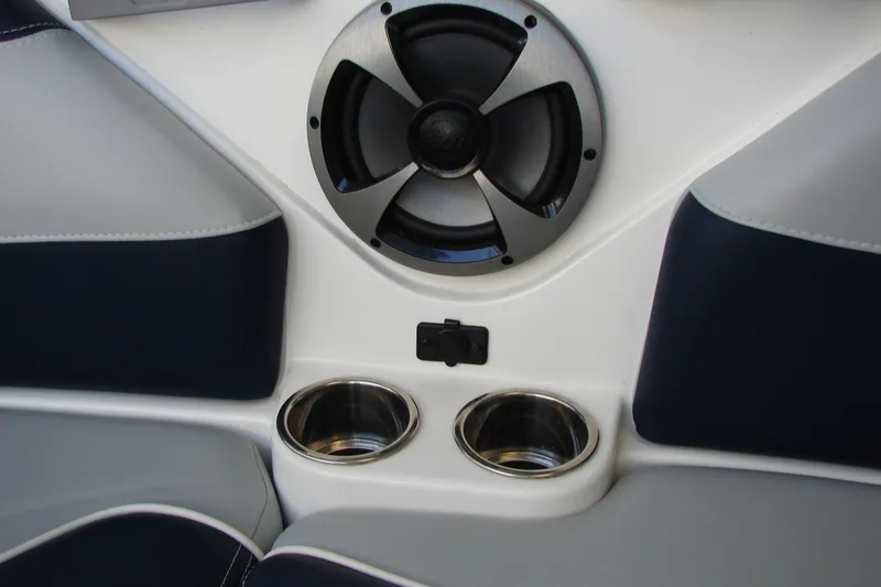 Slide: The Image of 2021 Malibu Wakesetter 22 LSV interior with speaker and cup holders. - 34