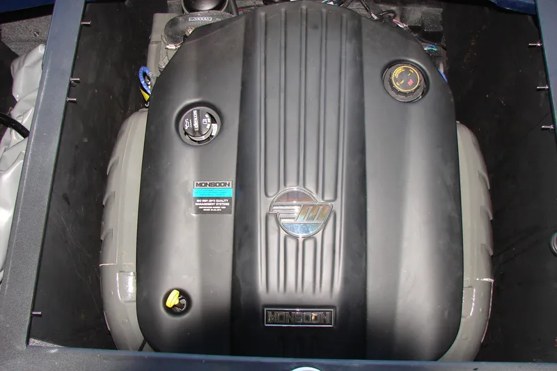 Slide: The Image of Engine of 2021 Malibu Wakesetter 22 LSV boat, featuring Monsoon branding. - 43