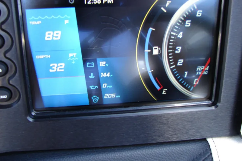 Slide: The Image of 2019 Centurion Ri257 dashboard display showing temperature, depth, and RPM gauges. - 28