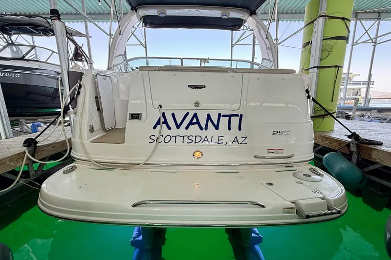 Slide: The Image of 2016 Chaparral 290 Signature boat docked, rear view with "Avanti" and "Scottsdale, AZ" text. - 6